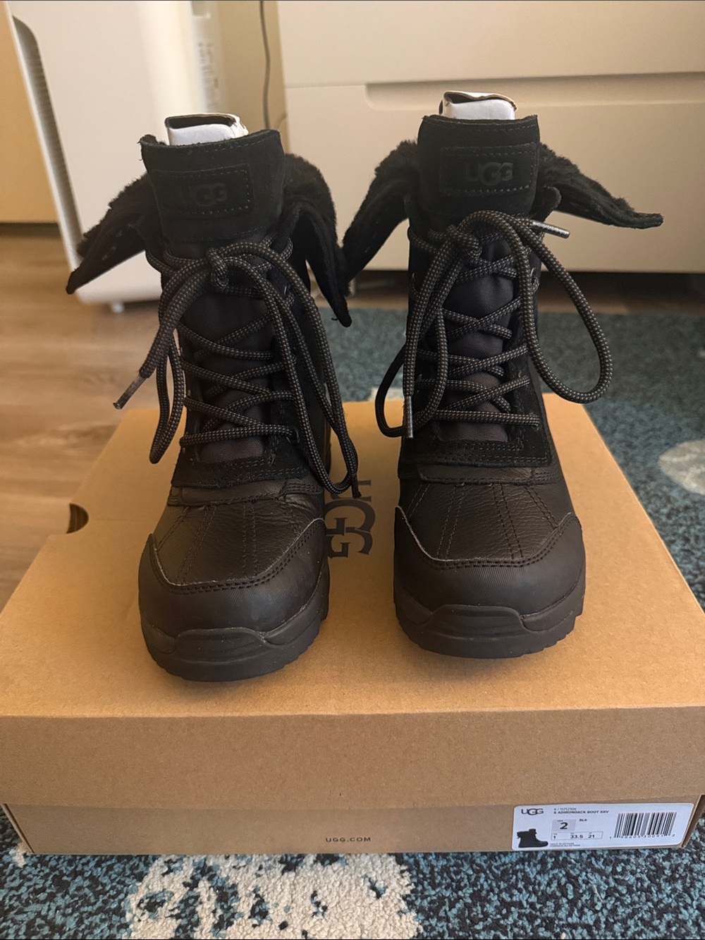 UGG Kids Black Lace-Up Winter Boots with Shearling Cuff